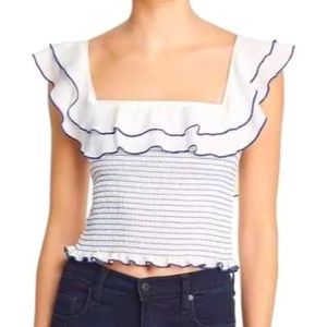 Likely REVOLVE Athena Smocked Ruffle Crop Top Shirt White Striped large